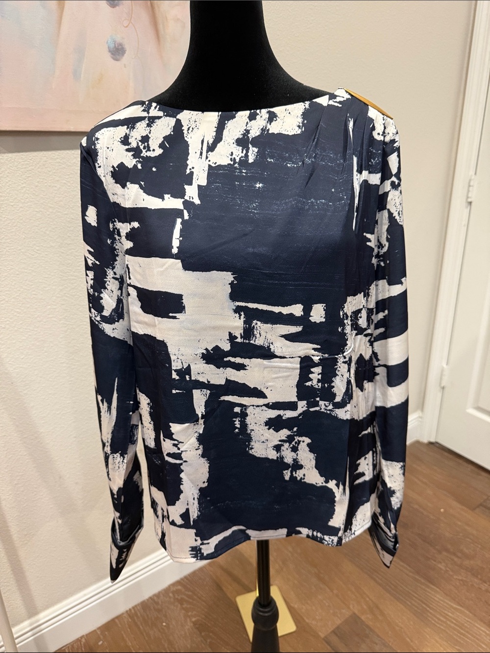 Donna Karan Navy and White Abstract Brushstroke Long-Sleeve Blouse